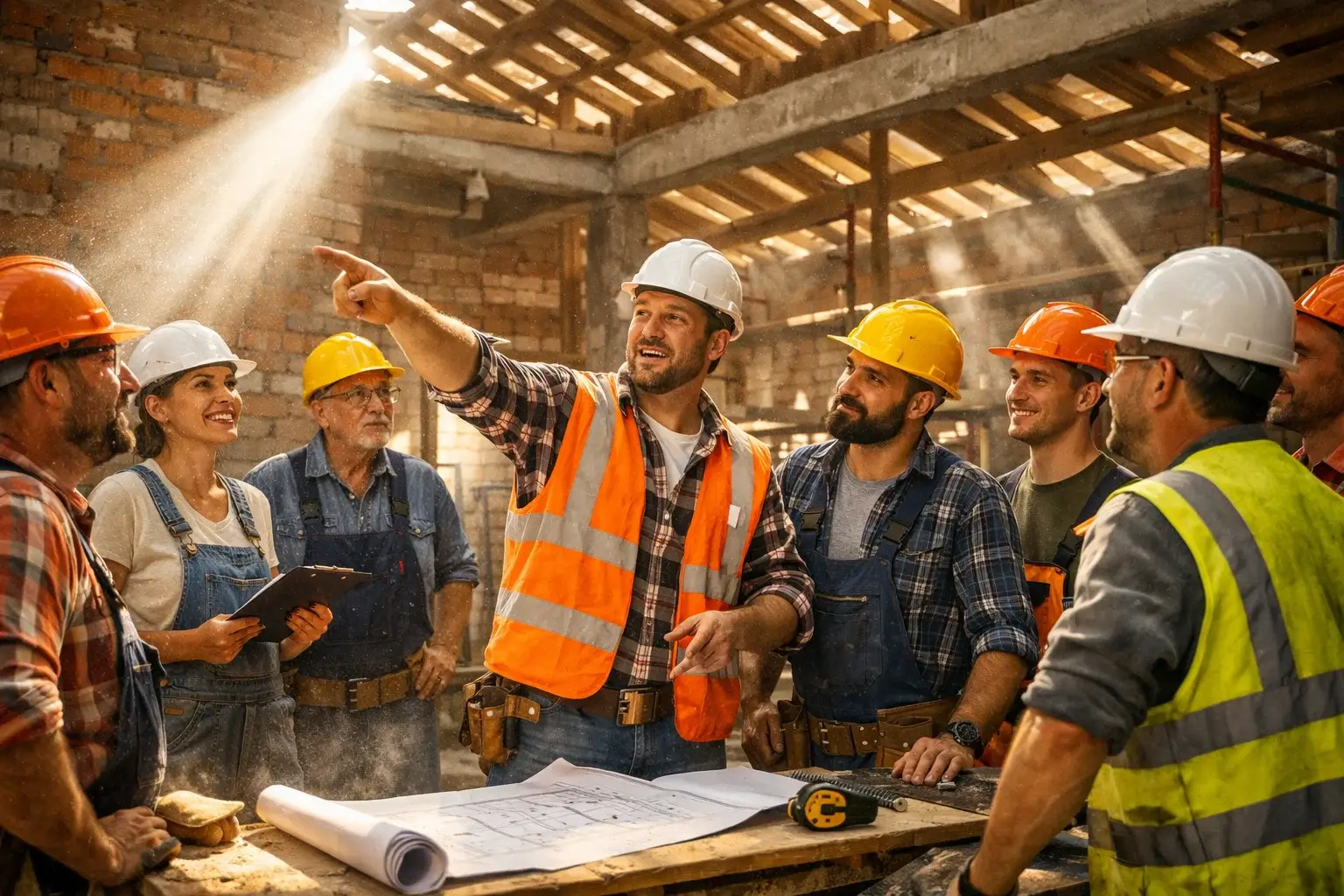 бригада строителей обсуждает строительный проект