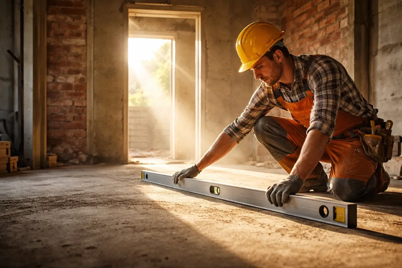 строитель проверяет ровность пола уровнем