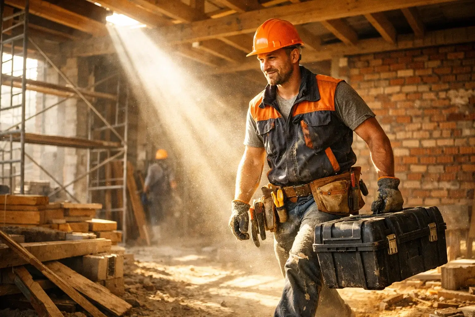 строитель несет чемодан с инструментами