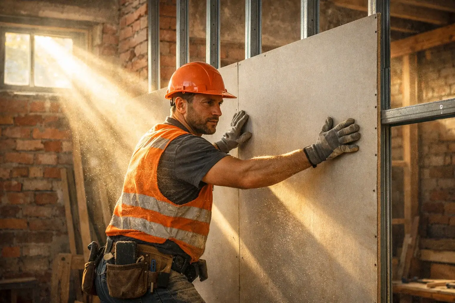 мастер устанавливает гипсокартон во время ремонта