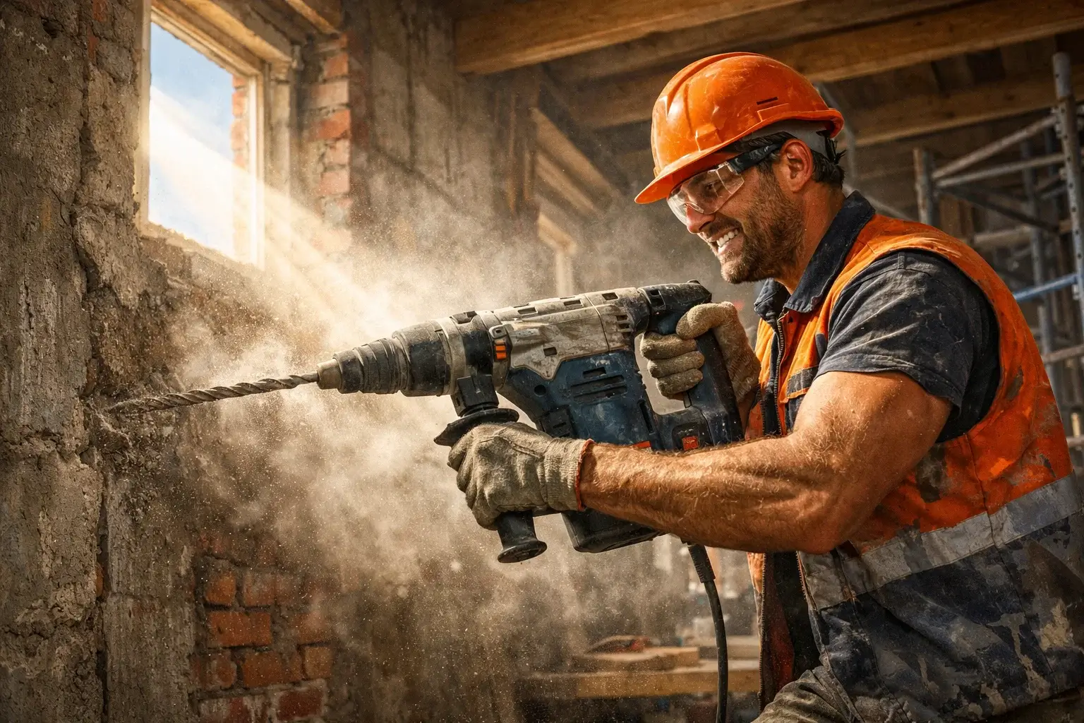 строитель сверлит стену перфоратором во время ремонта