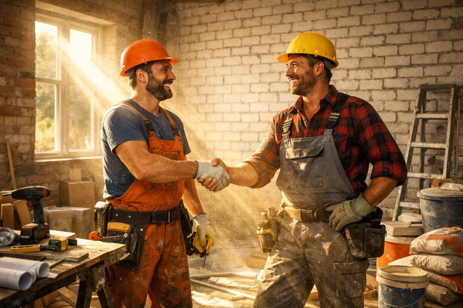 строители пожимают руки после ремонта