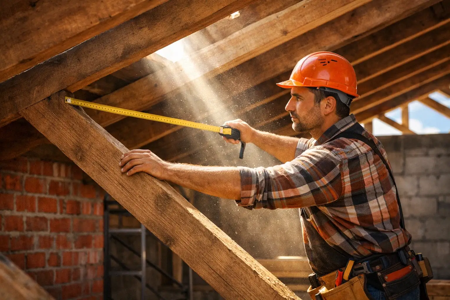 строитель измеряет расстояние между балками крыши